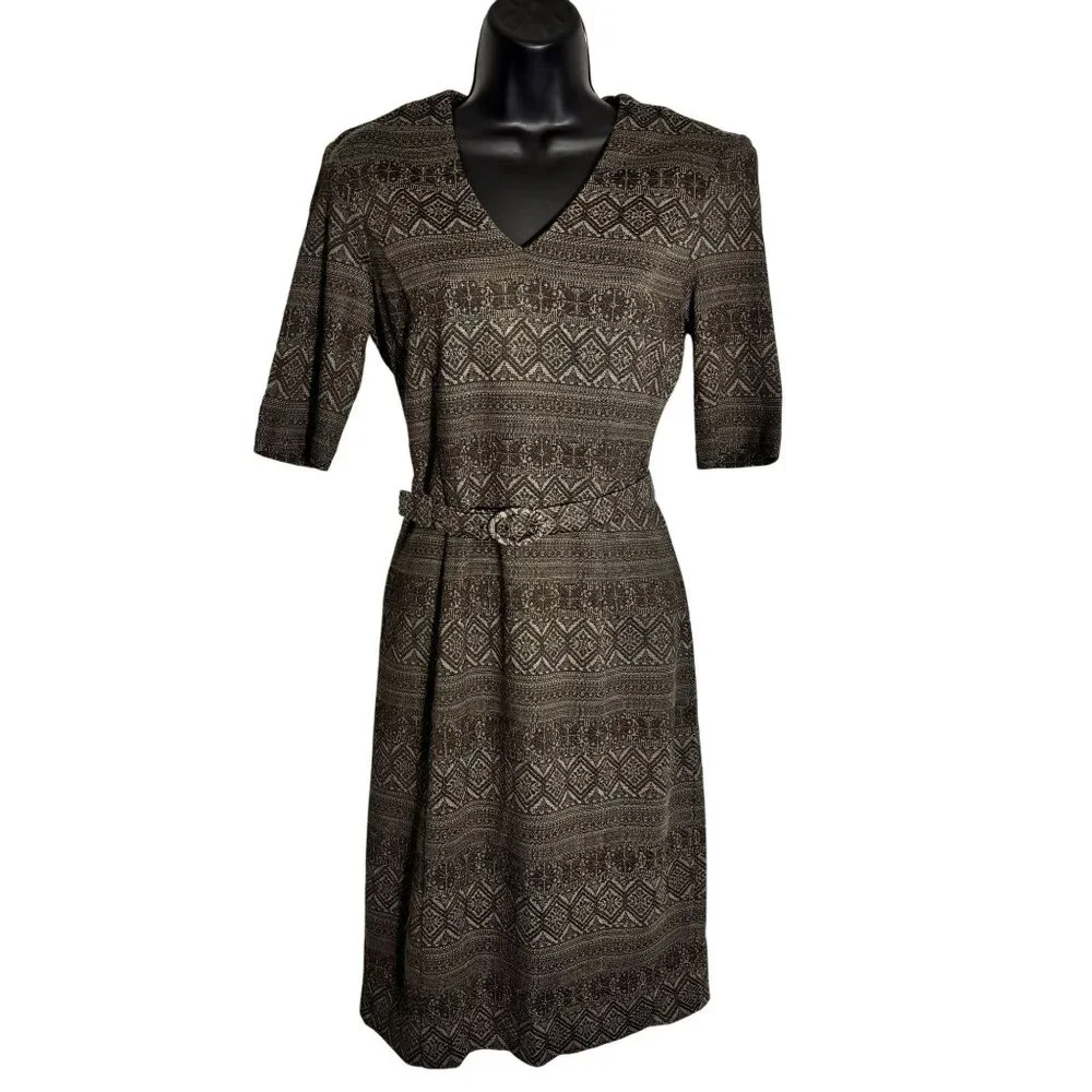 W By Worth Artsy Brown Patterned V-Neck Belted Dress Size 2 - Picture 1 of 11